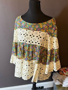 Umgee Green Floral Eyelet Tiered Boho Blouse